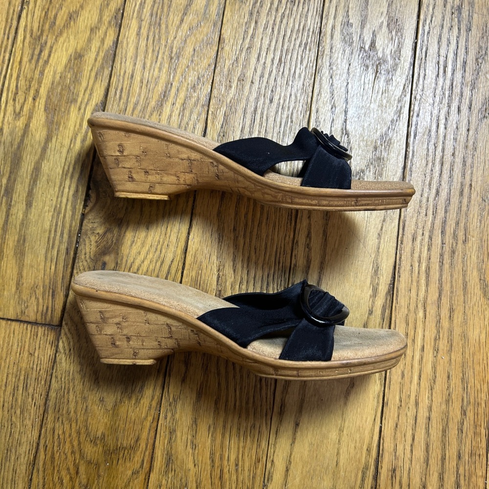 Vintage Made in Italy Black Fabric Buckle Wedge Slide Sandals Mules Heel